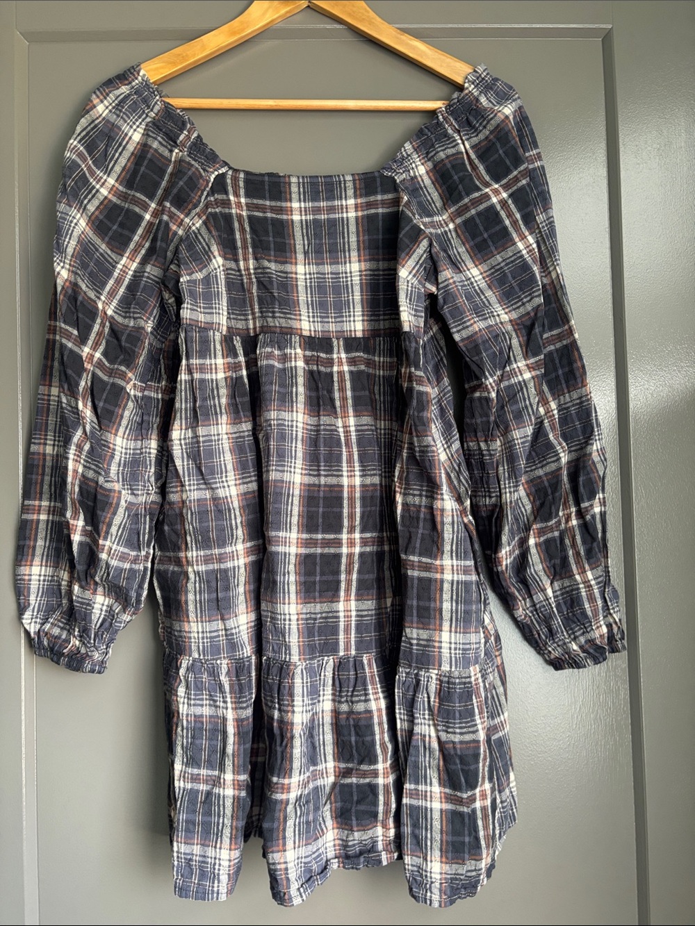 Universal Thread Navy Plaid Puff-Sleeve Mini Dress